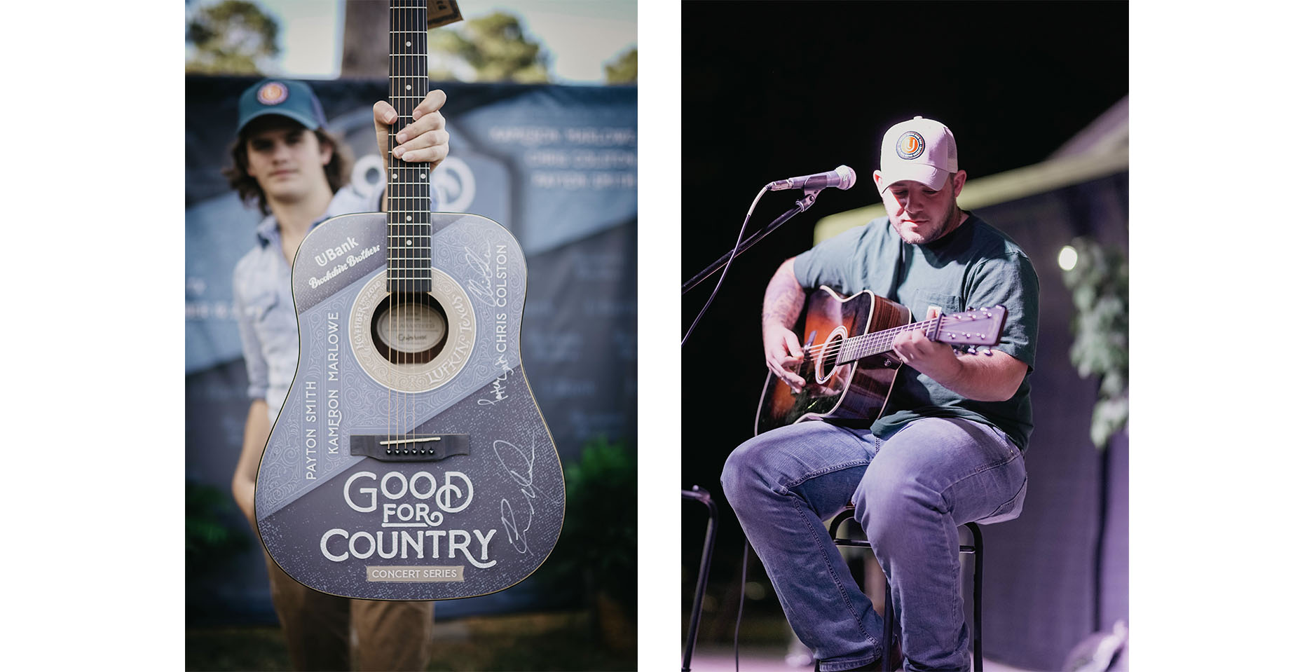 two performers holding guitars